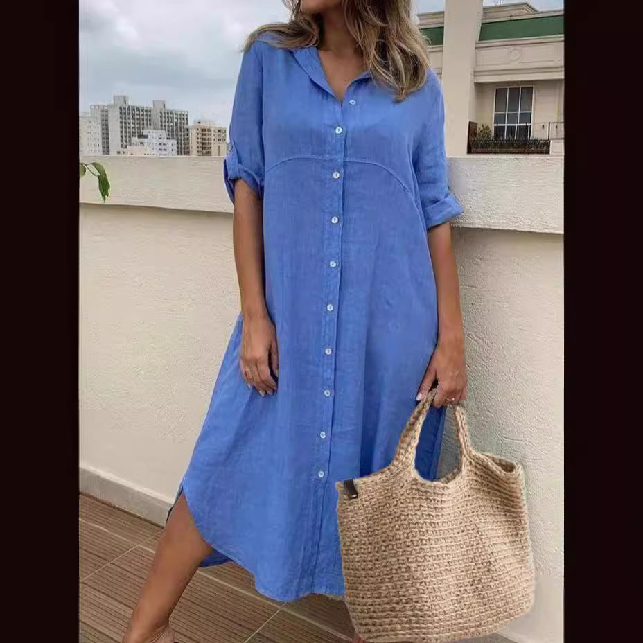 Nuovo vestito camicia in cotone lino tinta unita di taglia grande