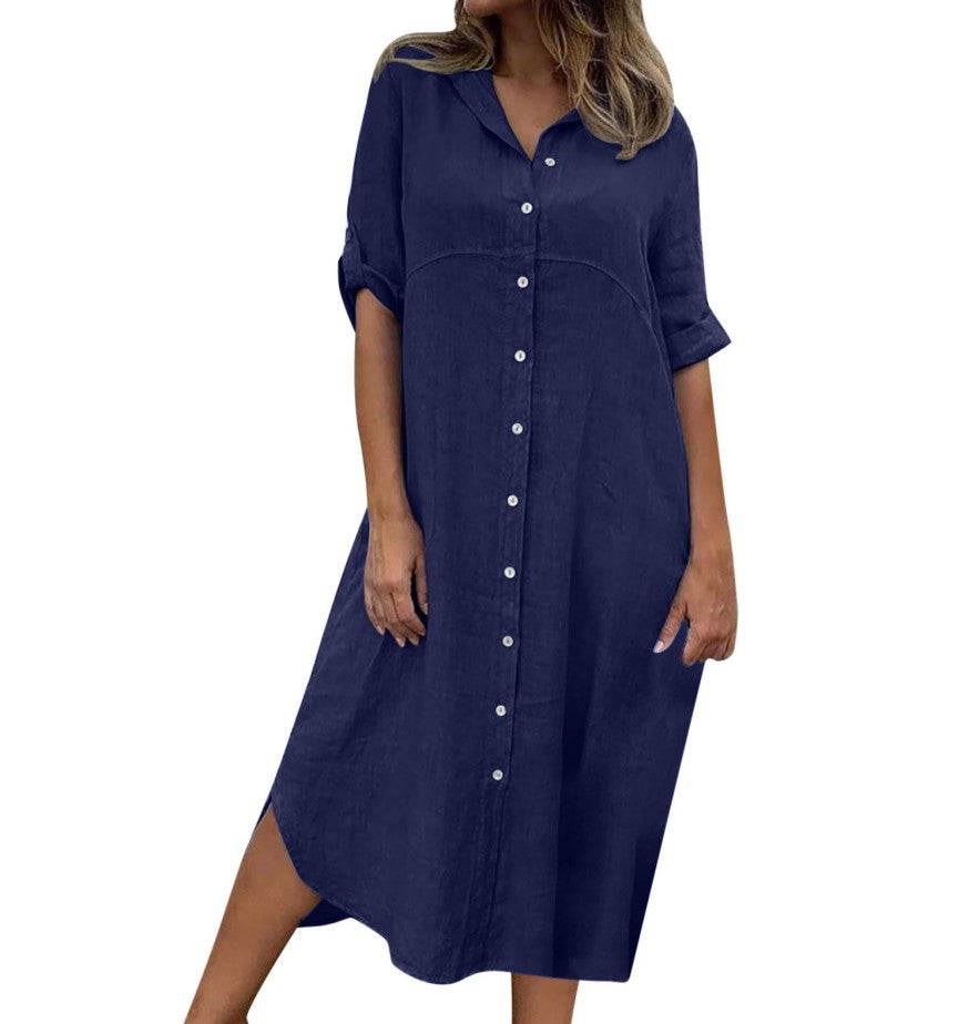 Nuovo vestito camicia in cotone lino tinta unita di taglia grande