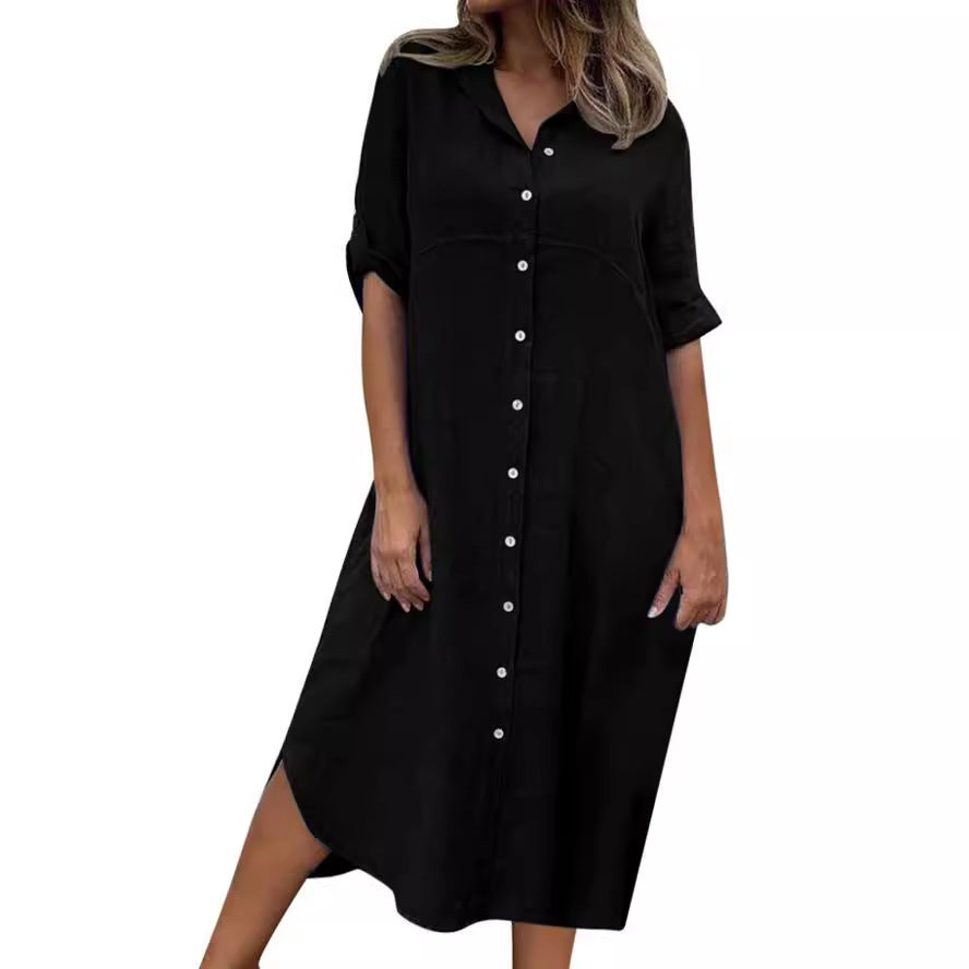 Nuovo vestito camicia in cotone lino tinta unita di taglia grande