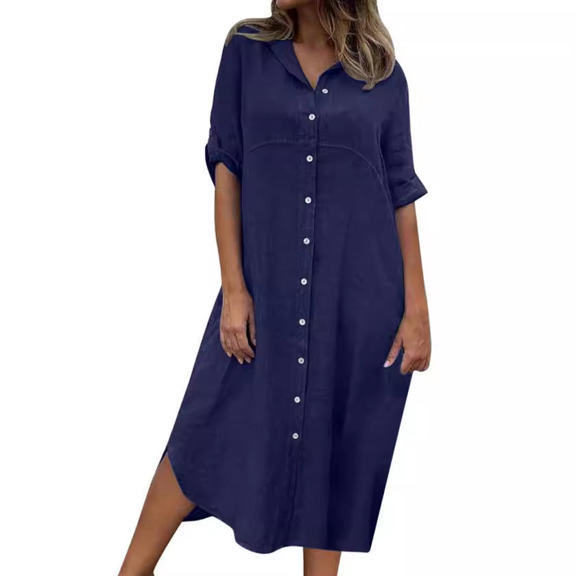 Nuovo vestito camicia in cotone lino tinta unita di taglia grande