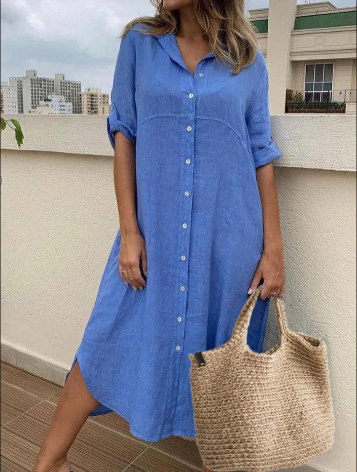 Nuovo vestito camicia in cotone lino tinta unita di taglia grande