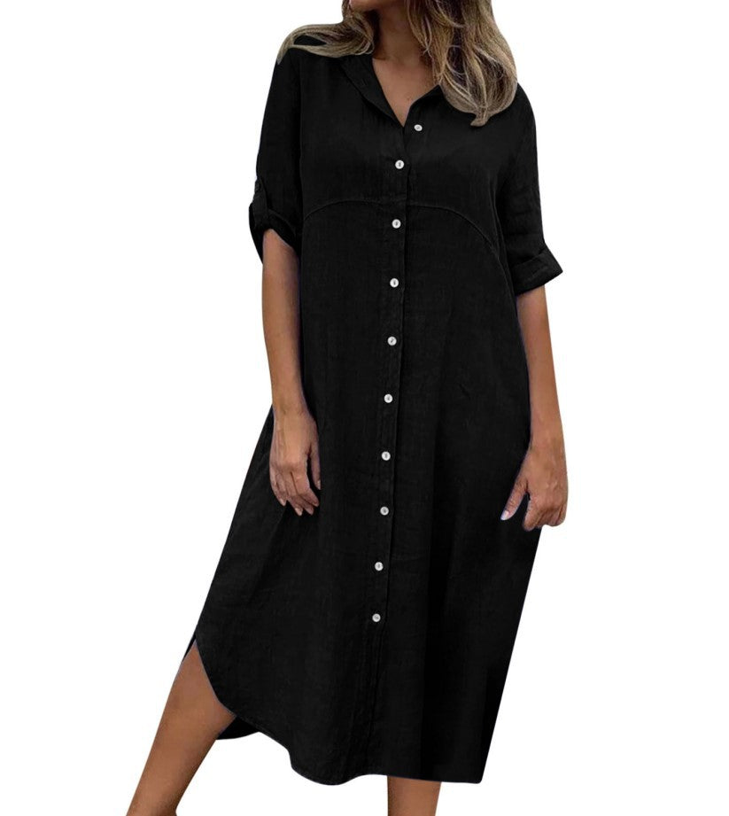 Nuovo vestito camicia in cotone lino tinta unita di taglia grande